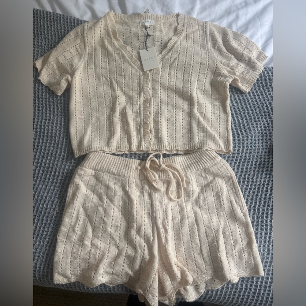 MARBLE Cream Knit Button-Front Crop Top & Drawstring Shorts Set